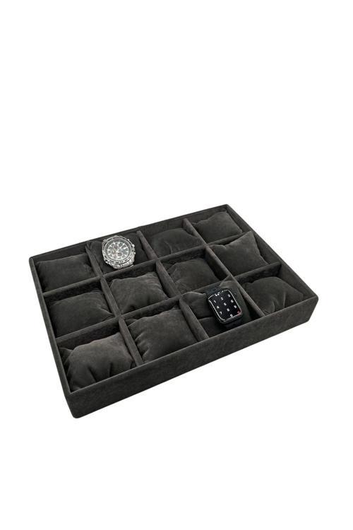 Yerli Üretim Süet Kumaş Füme Renk 34/24 Cm Yastıklı Çekmece Içi Yastıklı Saat Ve Takı Kutusu