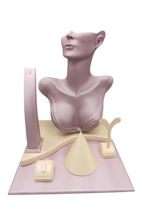 İmera Deri Kumaş Pembe- Krem Renk Mini Vitrin Takı Sergileme Mankeni