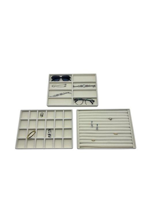 Süet Kumaş Krem Renk 34/24 Cm 3 Lü Takım Çekmece Içi Takı Tablası