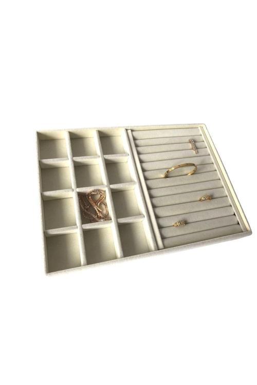 Yerli Üretim Berlin Model Süet Kumaş Krem Renk Sosisli-Bölmeli Çekmece Içi Takı Sergileme Standı