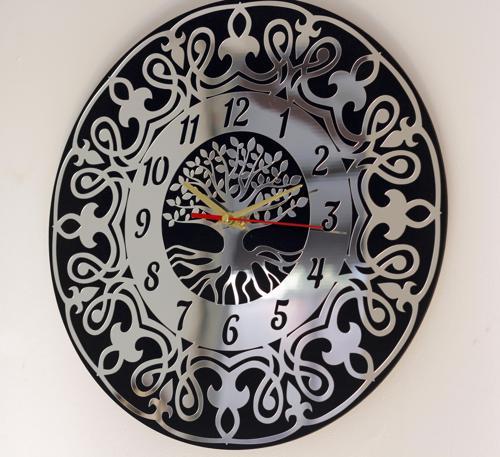 Gümüş Hayat Ağacı Duvar Saati – 40 cm MDF Pleksi Dekoratif Saat