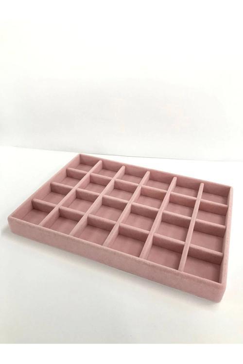Yerli Üretim Süet Kumaş Pembe Renk 34 Cm / 24 Cm 24 Bölmeli Çekmece Içi Takı Standı