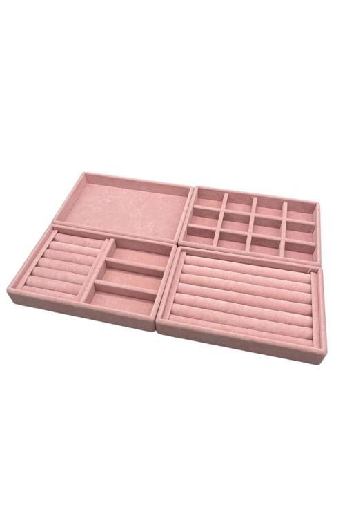 Yerli Üretim Süet Kumaş Pembe Renk 4 Lü Takım Çekmeçe Içi Takı Standı