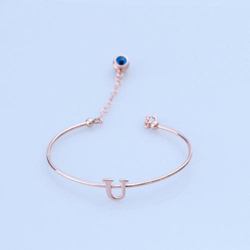 Rose Gold Kaplama Nazar Boncuklu U Harfi Gümüş Bileklik