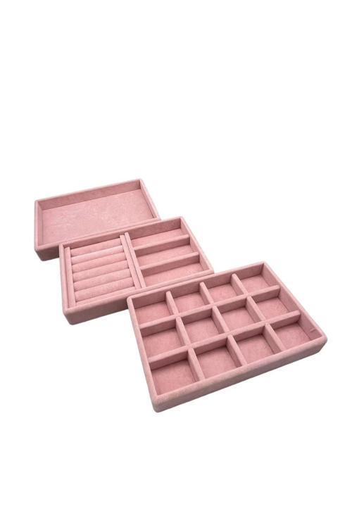 Süet Kumaş Pembe Renk 3 Lü Takım Çekmeçe Içi Takı Standı