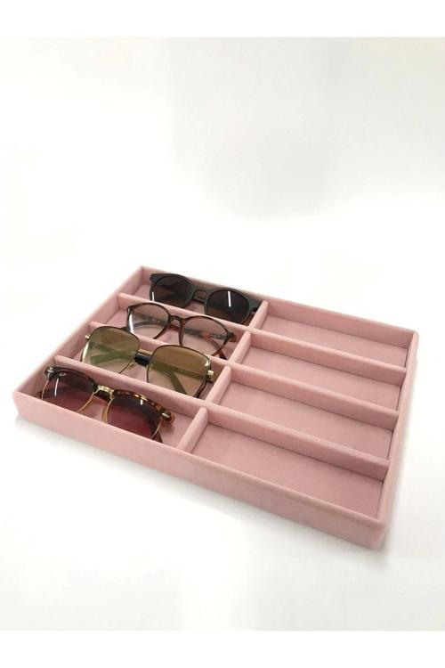 Yerli Üretim New York Model Süet Kumaş Pembe Renk Bölmeli Çekmece Içi Gözlük Standı