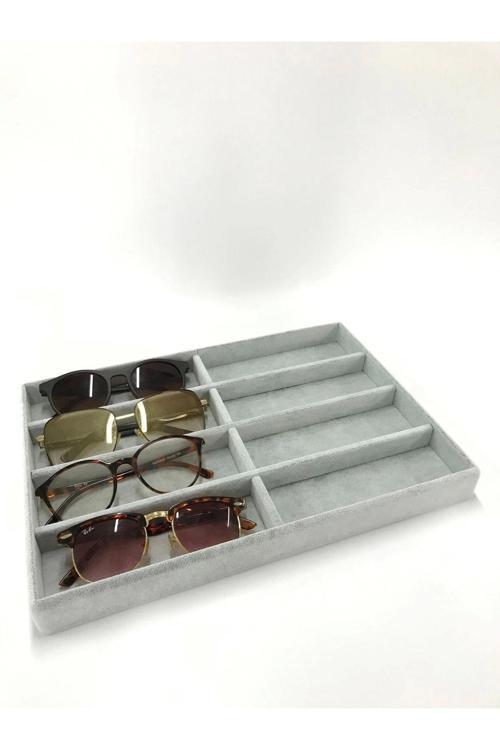Yerli Üretim New York Model Süet Süet Kumaş Gri Renk 34/24 Cm Bölmeli Çekmece Içi Gözlük Standı