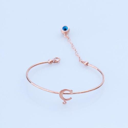 Rose Gold Kaplama Nazar Boncuklu Ç Harfi Gümüş Bileklik