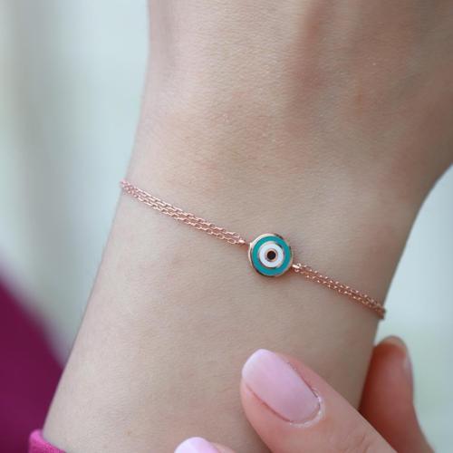 Mine İşli Nazar Boncuğu Çift Zincirli Rose Gold Kaplama Gümüş Bileklik