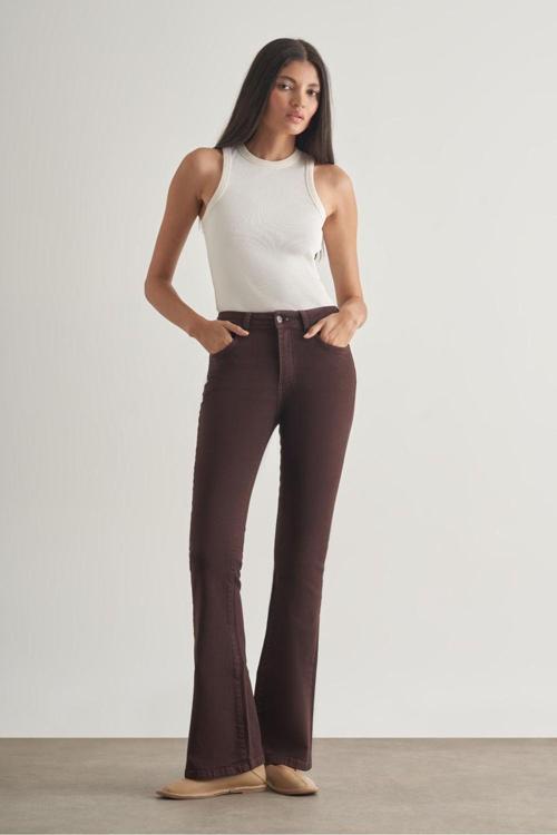 Skinny Fit Flare Paça Kahverengi Denim Pantolon