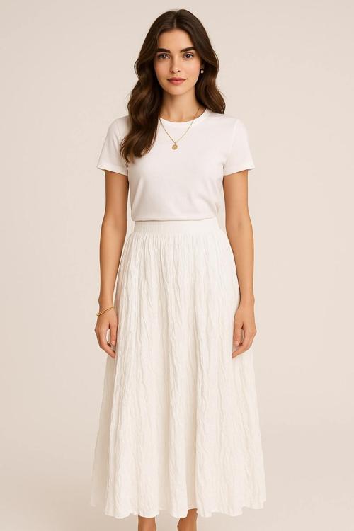 Ekru Kırışık Görünümlü Saf Pamuk Beyaz Maksi Etek