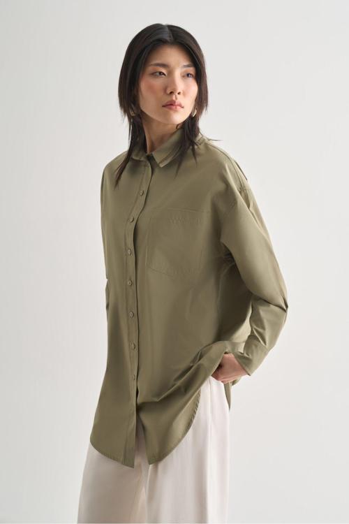 Premium Saf Pamuk Haki Oversize Gömlek