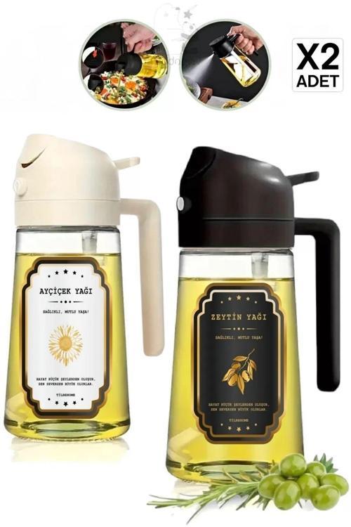2 Adet Çift Fonksiyonlu Cam Sprey Yağdanlık 450Ml Zeytinyağı Sıvıyağ Şişe Etiketli Airfryer Yağlık