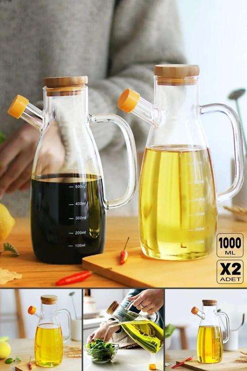 2'Li Bambu Kapaklı Yağdanlık 1000 Ml Borosilikat Cam Yağlık Sirkelik Şişesi Master Vakumlu Sosluk