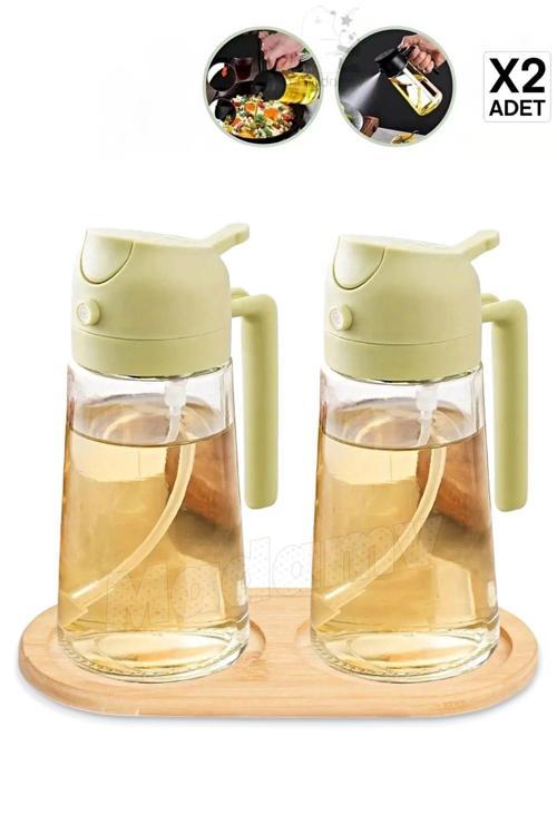 2'Li Bambu Stantlı Çift Fonksiyonlu Cam Yağdanlık 450Ml Sprey Dökme  Sıvıyağ Şişesi Airfryer Yağlık