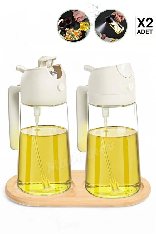2'Li Bambu Stantlı Çift Fonksiyonlu Sprey Dökme Cam Yağdanlık 450Ml Yağlık Sıvıyağ Şişesi Airfryer
