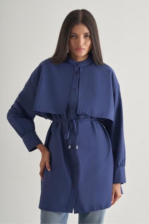 Rüzgarlıklı Hakim Yaka Uzun Indigo Mavi Gömlek