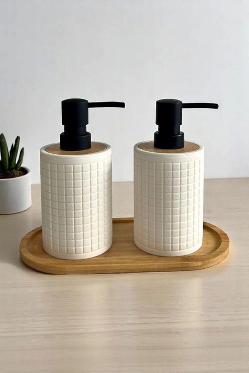 2Li Retro Still Sıvı Sabunluk Seti 500Ml Mutfak Banyo Hands Dishes Kare Figürlü Bambu Stantlı Set