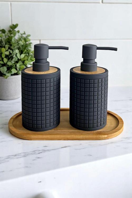 2Li Retro Still Sıvı Sabunluk Seti 500Ml Mutfak Banyo Kare Figürlü Hands Dishes Bambu Stantlı Set