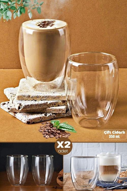 2Li Çift Cidarlı Cam Bardak 350 Ml Çay Fincanı Kahve Sunum Bardağı Isıya Dayanıklı Kupa Bardak Seti