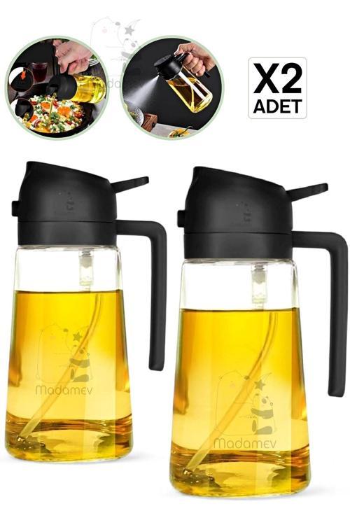2Li Çift Fonksiyonlu Cam Yağdanlık 450Ml Zeytinyağı Sıvıyağ Şişesi Airfryer Sprey Yağlık Püskürtücü