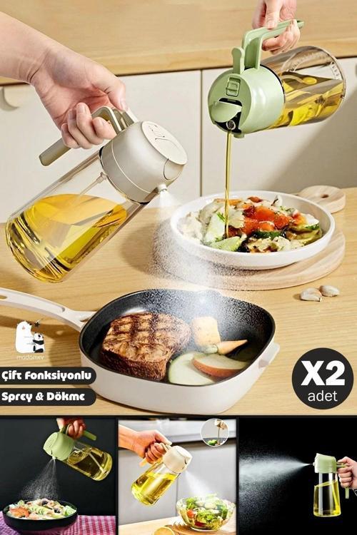 2'Li Çift Fonksiyonlu Cam Yağdanlık 550Ml Kulplu Zeytinyağı Sıvıyağ Şişesi Airfryer Sprey Yağlık