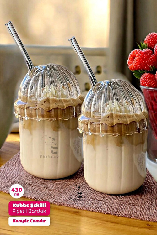 2'Li Kübbe Kapaklı Pipetli Bardak Isıya Dayanıklı Eggglass İskandinav Kahve Sunum Bardağı 430Ml Set