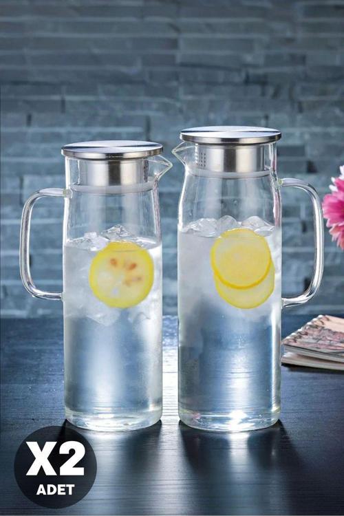 2'Li Retro Cam Sürahi Kulplu Çelik Kapaklı Soğuk Sıcak Kokteyl Meşrubat Cam Sürahisi 1500 Ml Seti
