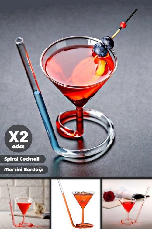 2'Li Spiral Cocktail Kendinden Pipetli Martini Kokteyl Sunum Bardağı New Cam Meşrubat İçki Bardak