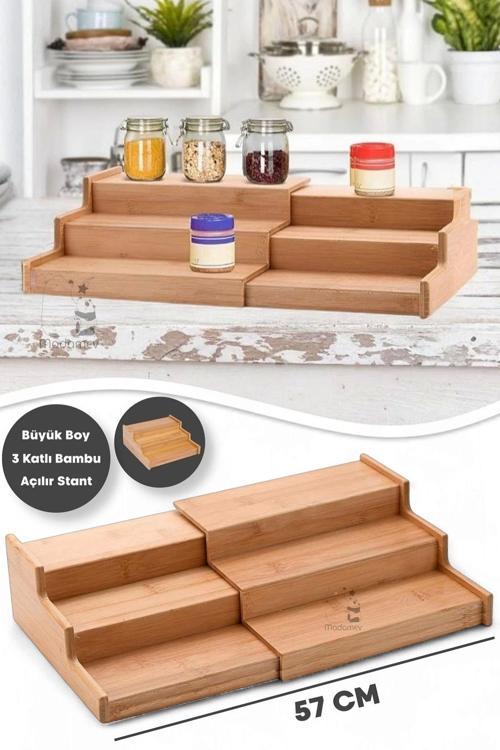 3 Katlı Açılır Büyük Boy Bambu Stand Organizer, Tezgahüstü Baharatlık Düzenleyici Mutfak Rafı 57Cm