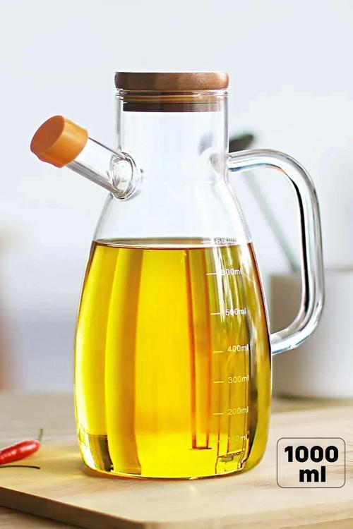 Bambu Kapaklı Yağdanlık 1000 Ml Borosilikat Cam Yağlık Sirkelik Şişesi Master Vakumlu Sosluk