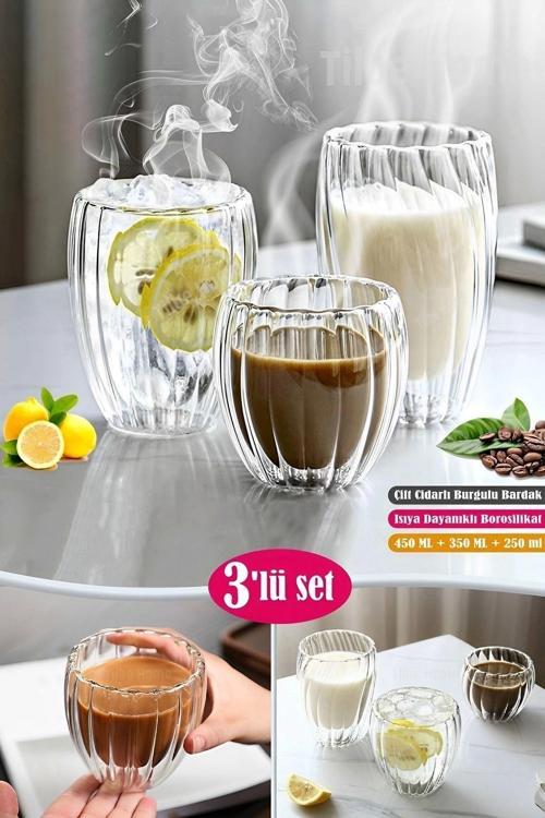 3'Lü Çift Cidarlı Burgulu Kristal Cam Bardağı Çay Süt Kahve Kupası Sıcak & Soğuk Retro Bardak Seti