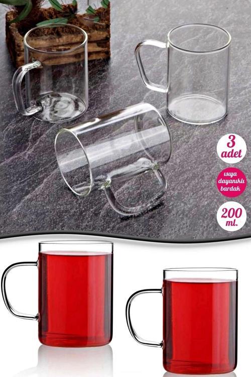 3'Lü Termisil Kulplu Çay Bardağı Borosilikat Isıya Dayanıklı Cam Kahve Sunum Kupa Bardak 200Ml Seti