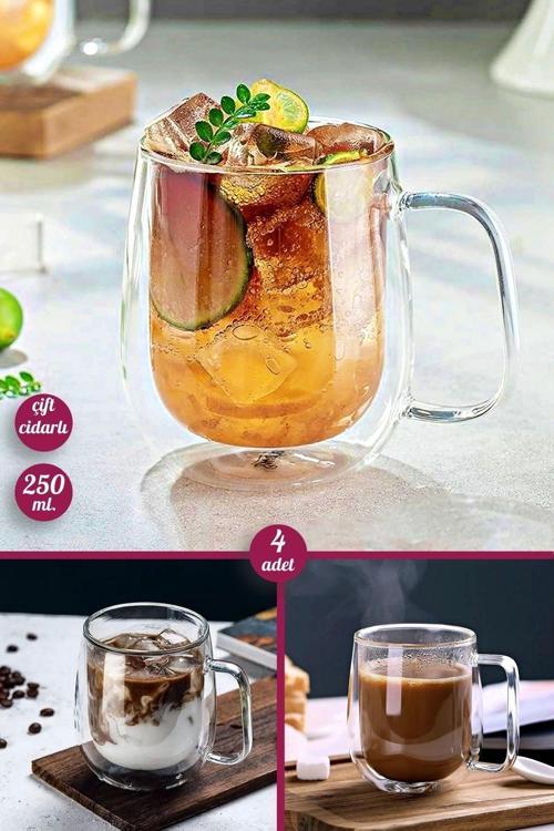 4'Lü Çift Cidarlı Bardak 250 Ml Ev Ofis Çay Fincanı Kahve Sunum Bardağı Dayanıklı Kupa Cam Bardak