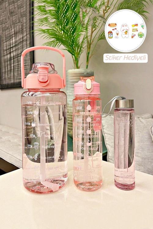 3'Lü Şeffaf Motivasyonel Su Matarası Sporcu Su Şişesi Stickerlı Soft Pink Taşınabilir Suluk Seti