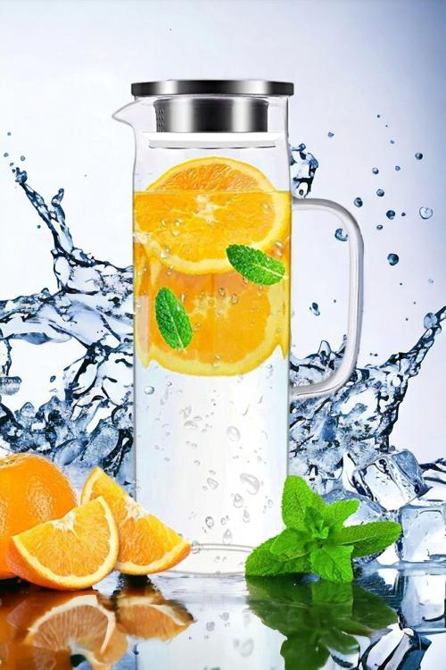 Retro Cam Sürahi Kulplu Çelik Kapaklı Soğuk Sıcak Kokteyl Meşrubat Borosilikat Cam Sürahisi 1500 Ml