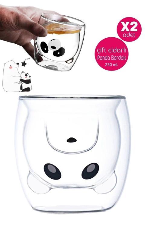 Sevimli Panda Çift Cidarlı Bardak Süt Çay Kahve Su Bardağı 250Ml Isı Yalıtımlı Kupa Bardak Seti