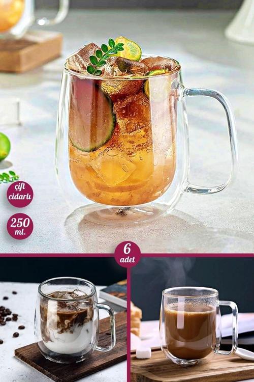 6'Lı Çift Cidarlı Bardak 250 Ml Ev Ofis Çay Fincanı Kahve Sunum Bardağı Dayanıklı Kupa Cam Bardak