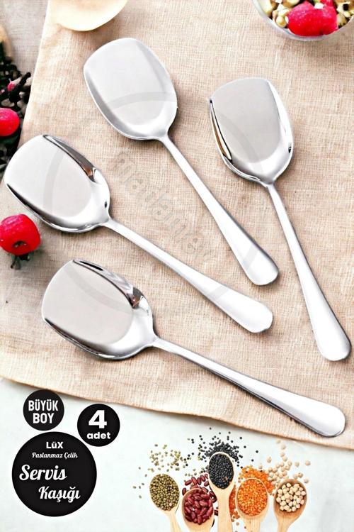 4'Lü Lüx Servis Kaşığı Seti Büyük Boy Paslanmaz Çelik Kaşık Salata Pasta Yemek Servis Mutfak Kaşığı