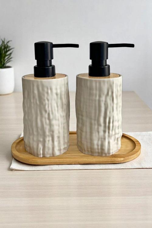 2Li Bambu Detaylı Sıvı Sabunluk Seti 500Ml Hands Dishes Mutfak Banyo Taş Figürlü Bambu Stantlı Set