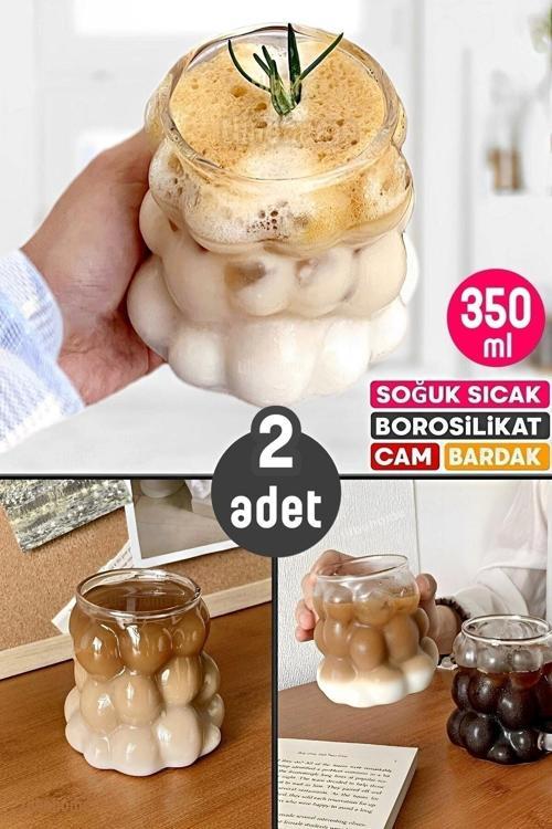 2Li Boncuklu Bardak Meşrubat Su Kahve Sunum Bardağı Isıya Dayanıklı Borosilikat Cam Retro Bardaklar