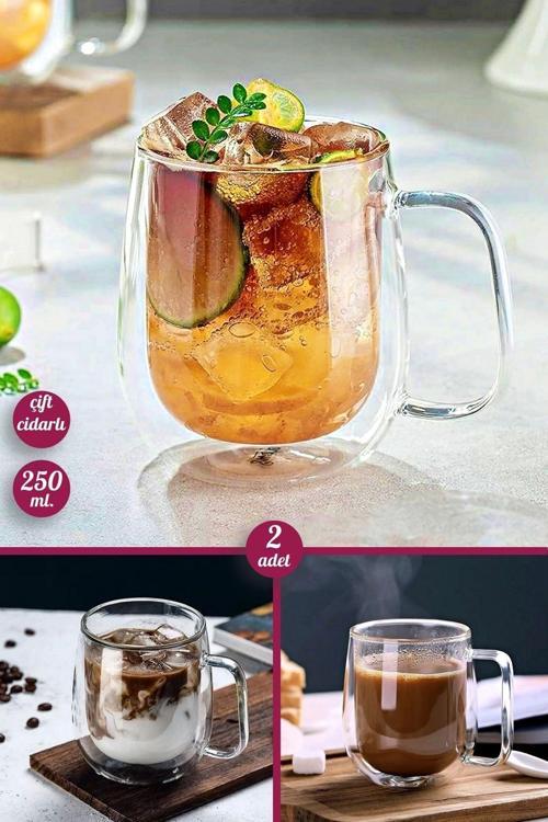 2Li Çift Cidarlı Bardak 250 Ml Ev Ofis Çay Fincanı Kahve Sunum Bardağı Dayanıklı Kupa Cam Bardak