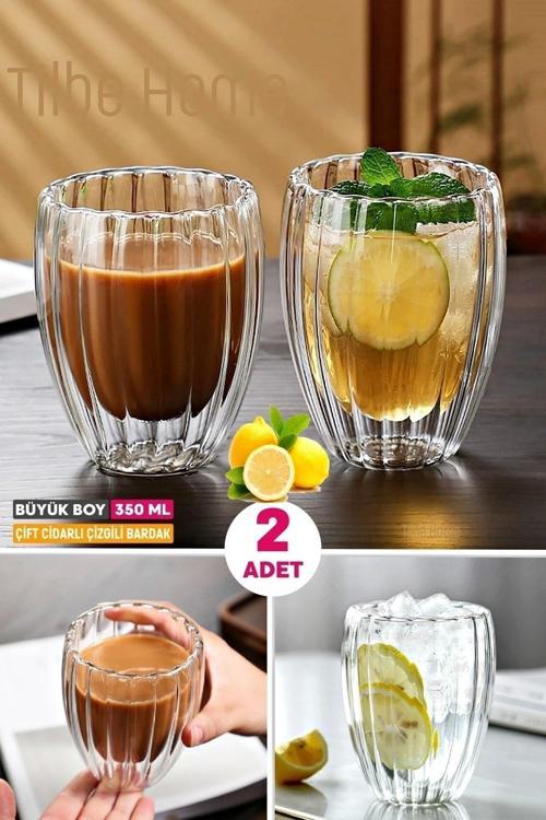 2'Li Çift Cidarlı Burgulu Kristal Cam Bardağı Çay Süt Kahve Kupası Sıcak & Soğuk İçecek Bardak Seti