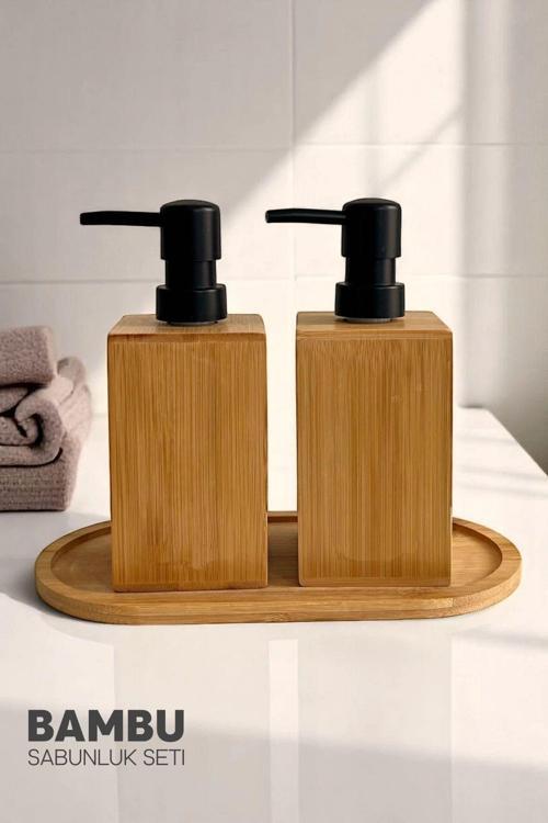 2Li Kare Bambu Sabunluk Seti Hands Dishes Mutfak Banyo Sıvı Sabunluk 500Ml Doğal Bambu Stantlı Set