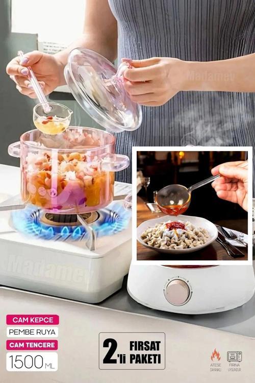 Cam Kepçeli Pembe Cam Tencere 1500Cc Isıya Dayanıklı Borosilikat 2Li Cam Set Termisil Ocak Üstü