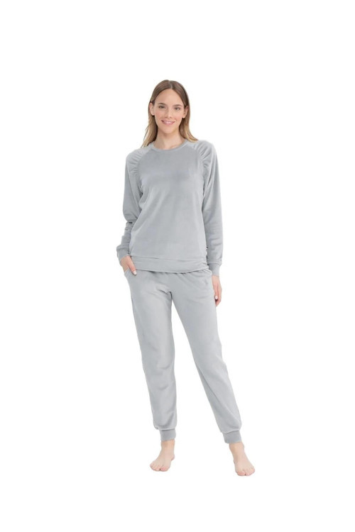 17092 Kadife Uzun Kollu Paçası Lastikli Pijama Takım