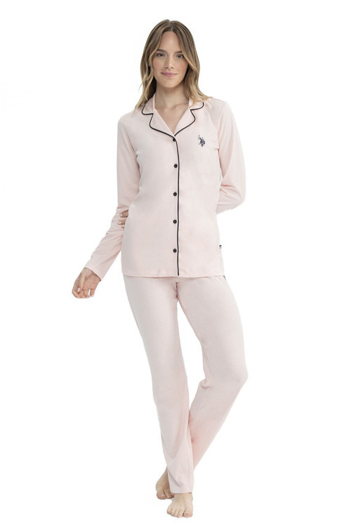 U.S Polo Assn. 11000 Kadın Uzun Kollu Önden Düğmeli Gömlek Pijama Takım-Pembe