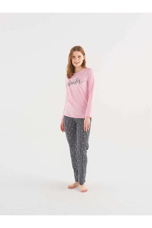 Kadın Pembe Yuvarlak Yaka Pijama Takım