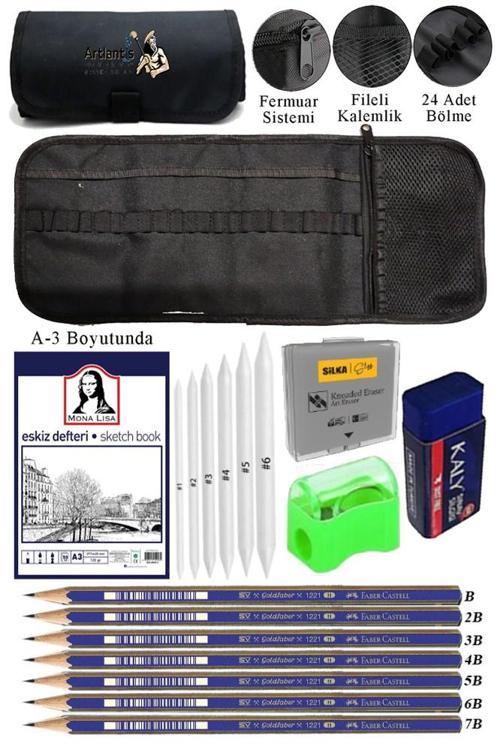 A3 Telli Eskiz Defteri Monalisa Spiralli Karakalem Rulo Kalemlik Siyah 24 Bölmeli Dereceli Kalem Gölgeleme Dağıtma Silgi