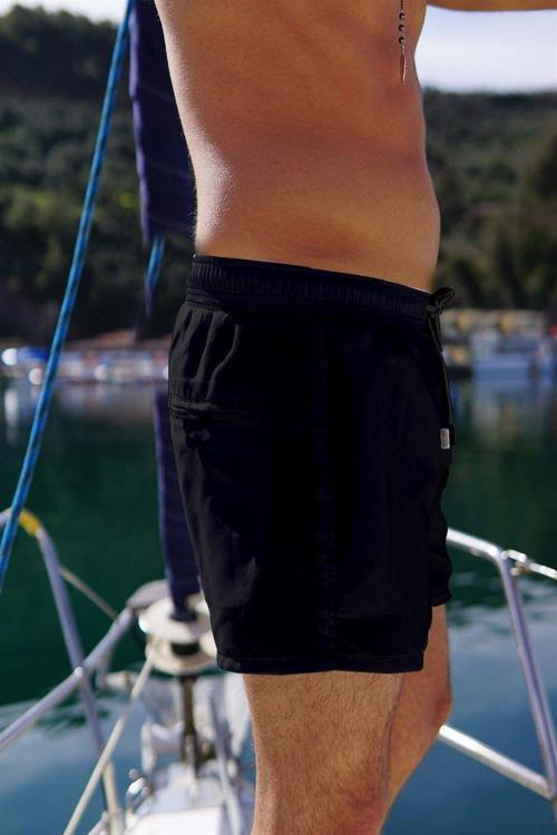 Erkek Siyah Hızlı Kuruyan Kumaş Tek Arka Cepli Standart Boy Mayo Deniz Şortu 350-S